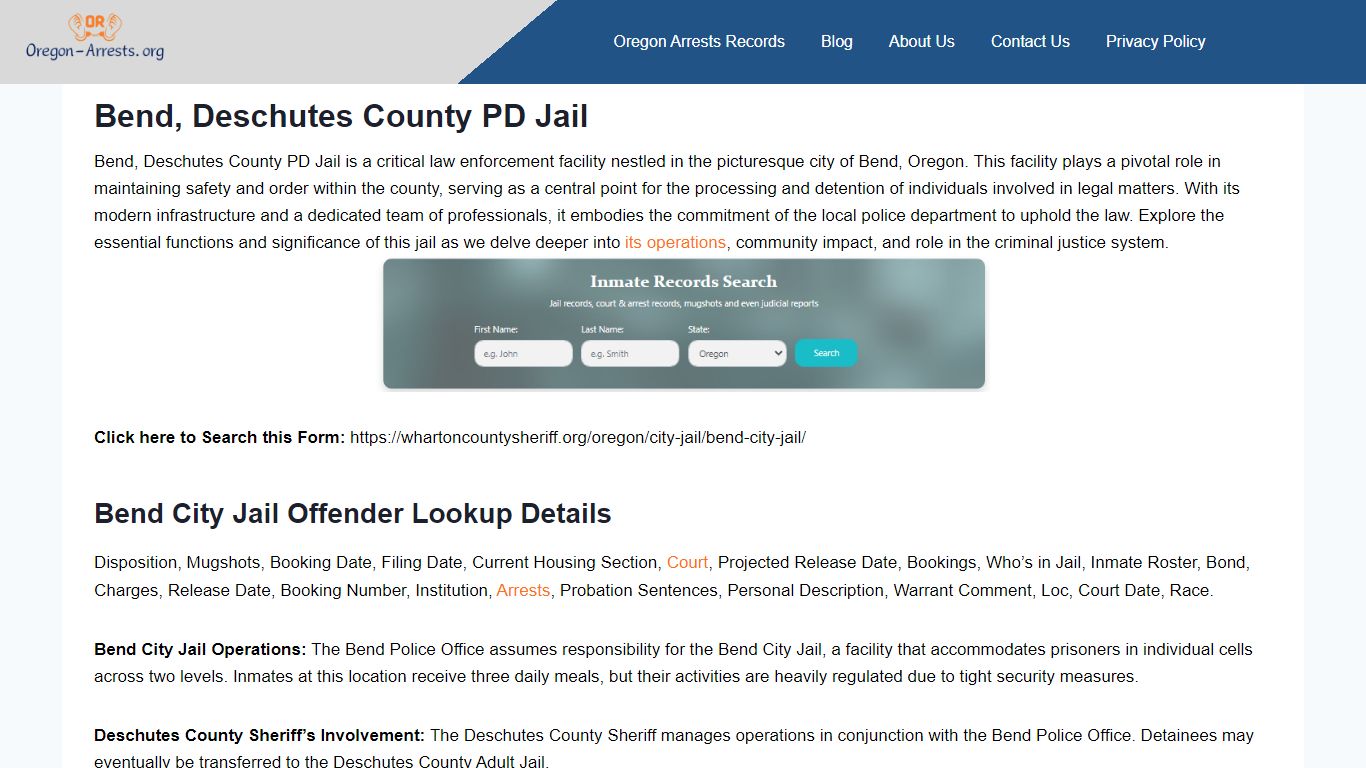 Bend, Deschutes County PD Jail - Oregon Arrests Records